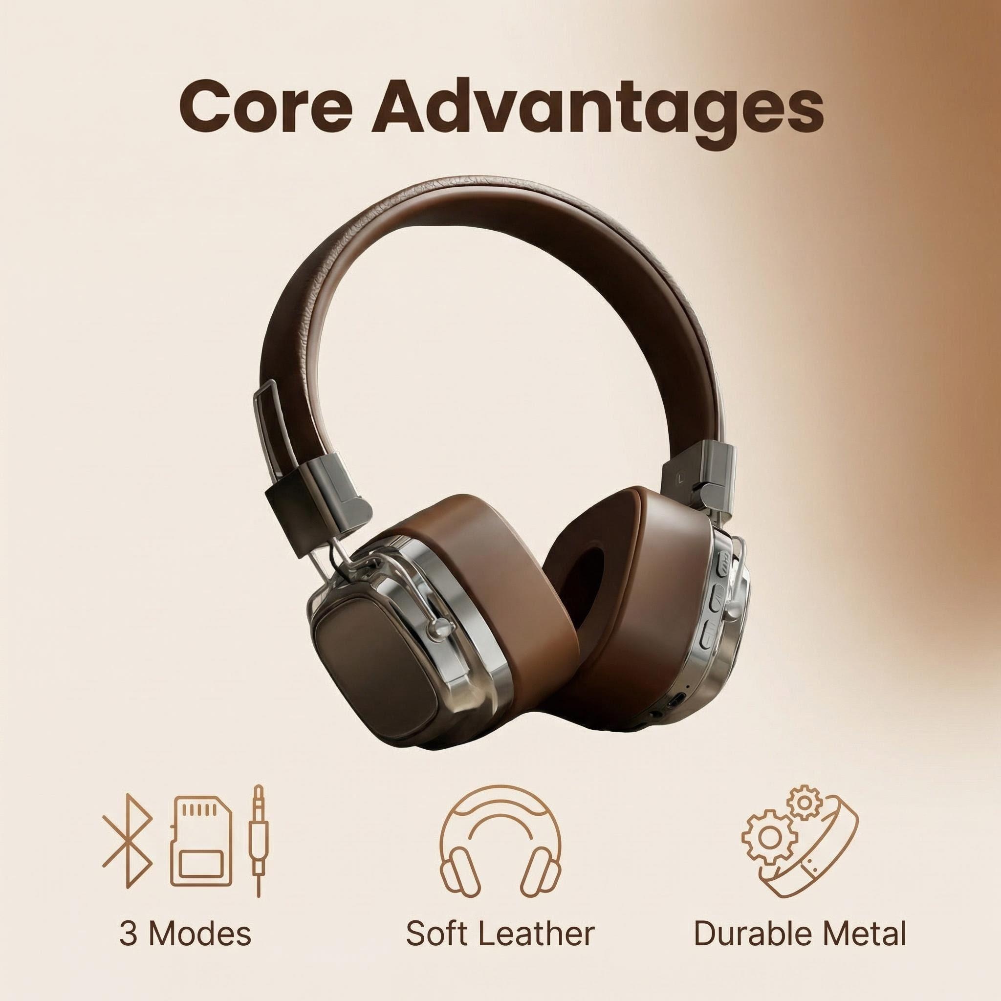 Retro Gaming Cable - Retro Leather Over-ear Headphones Wireless Bluetooth